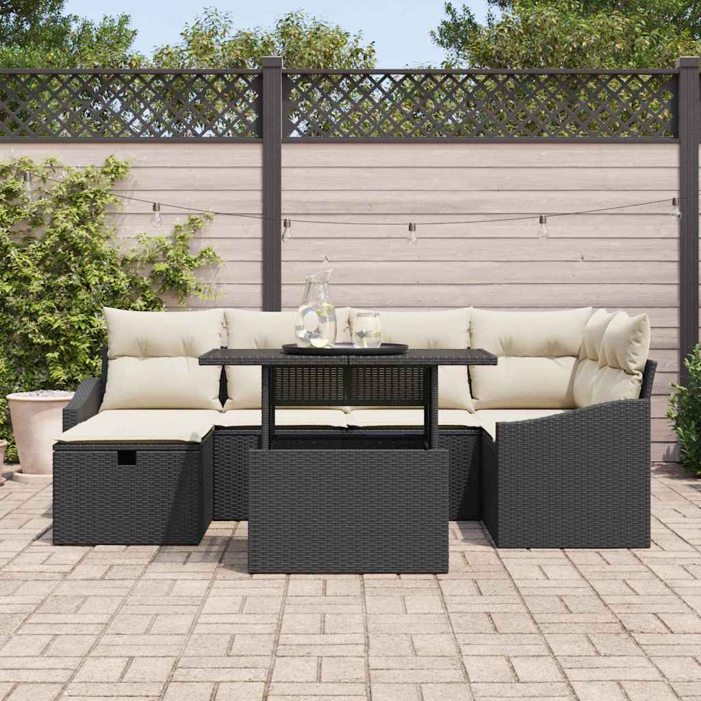Garten-Sofa-Set mit Kissen 7 pcs Schwarz Poly Rattan